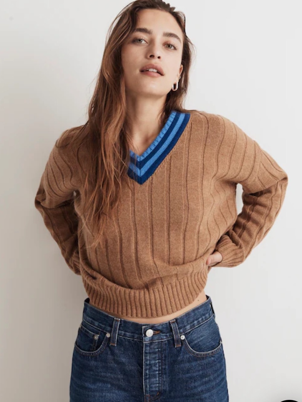 Madewell Tipped V-Neck Oversized Wool Blend Varsity Sweater Brown Blue XS